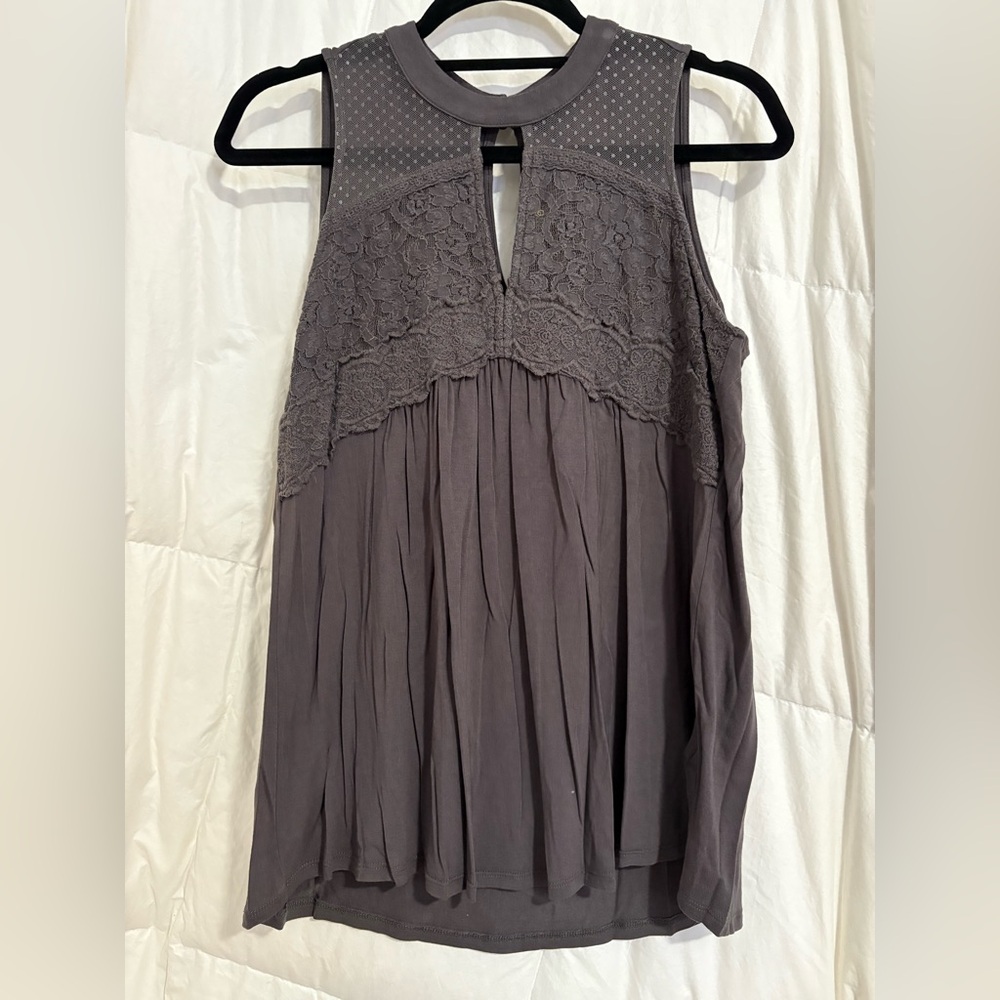 Grey lace detailed high neck tank top